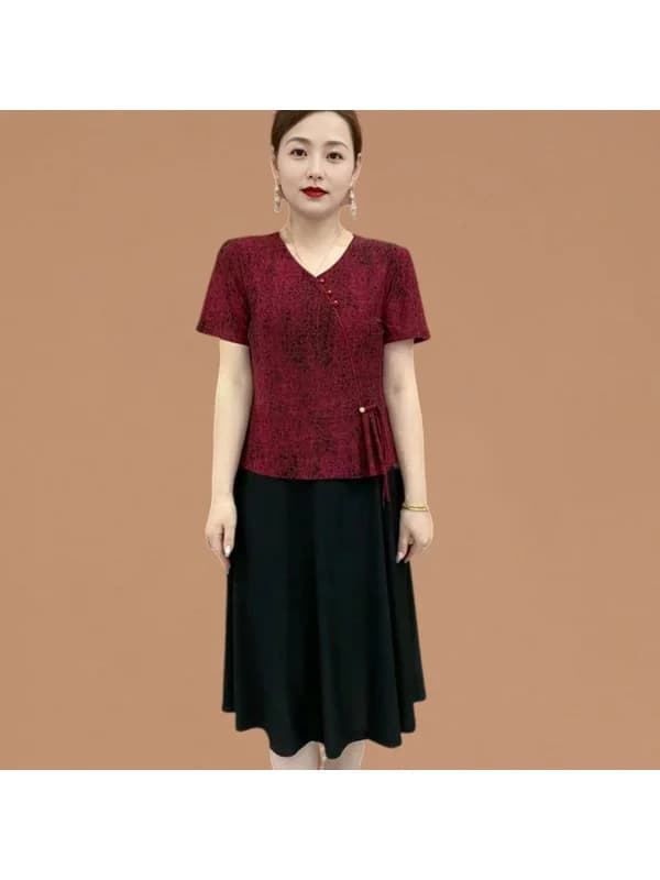 Elegant Chinese Style Short Sleeve Dress Slimming Base Layer for Middle-Aged And Elderly Women Fashionable Summer Dress