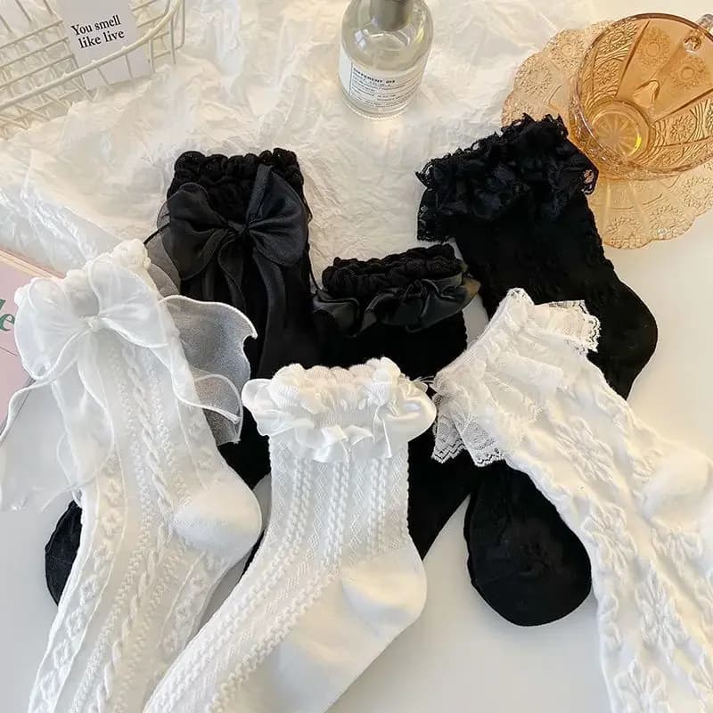 Calzini da donna Solid Black White Lacework Ruffle Socks Summer Thin stile giapponese Kawaii Sweet Girls Cute Short Socks Women naimaly guarnica-99