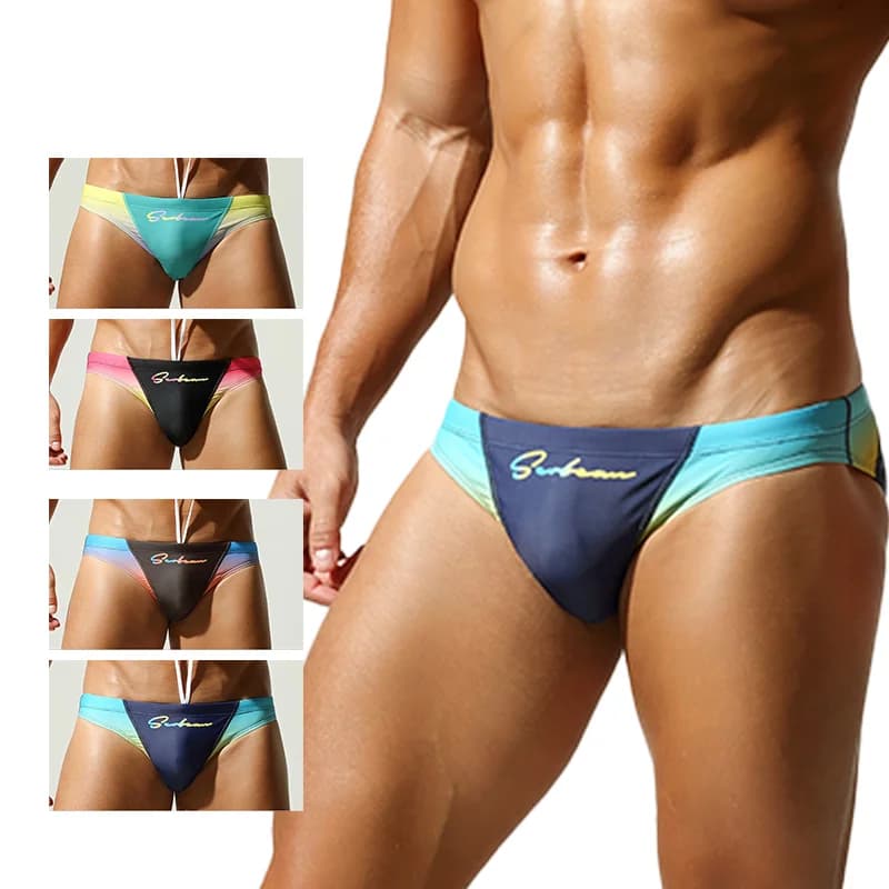 Slip da bagno a vita bassa da uomo, con coulisse e stampa sfumata, ad asciugatura rapida, per spiaggia, piscina ed estate