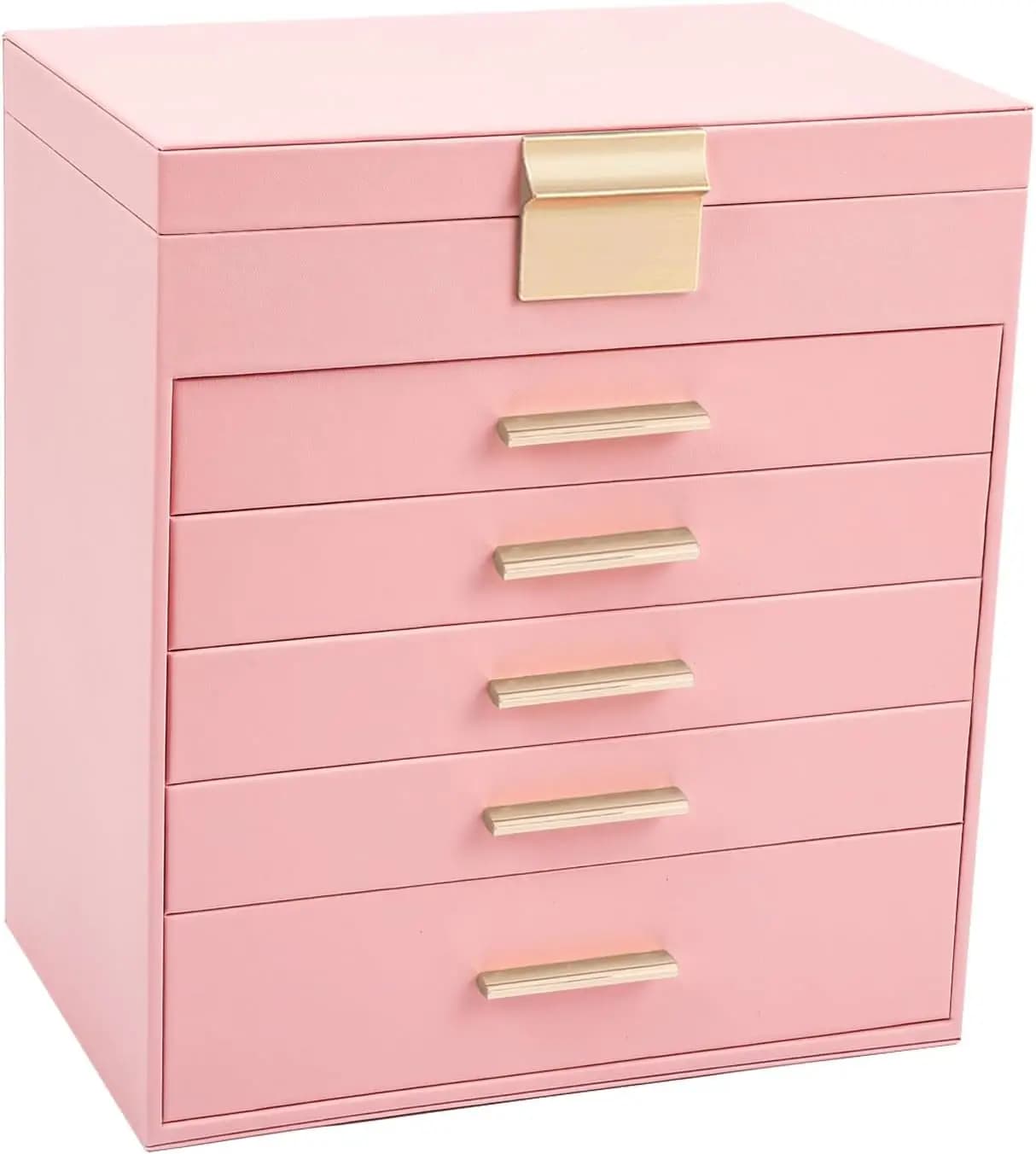 Organizer of Jewelry 6 Levels with 5 Drawers - Large Pink Box for Earrings, Necklaces and Cosmetics