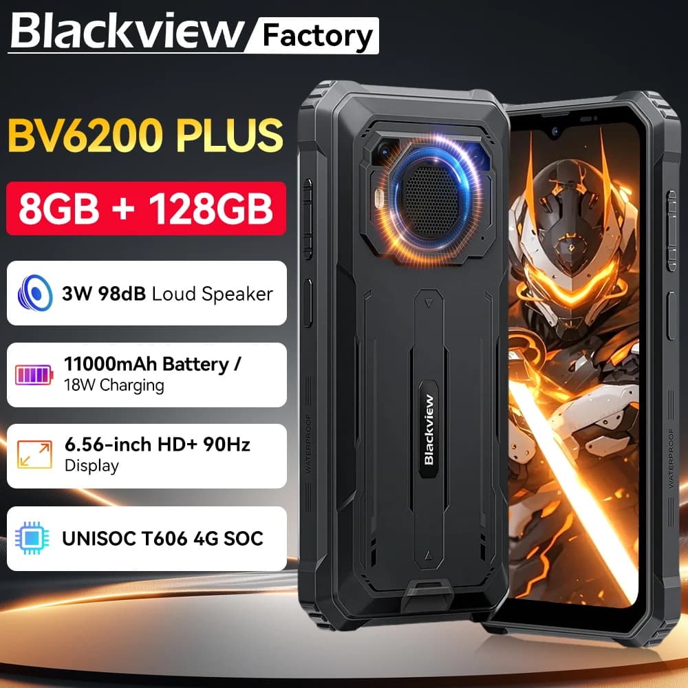 Smartphone rugged Blackview BV6200 Plus con Android 14, display HD da 6,56'' a 90Hz, processore Octa Core T606, 8GB di RAM + 256GB di memoria interna, batteria da 11000mAh, fotocamera da 16MP e NFC.