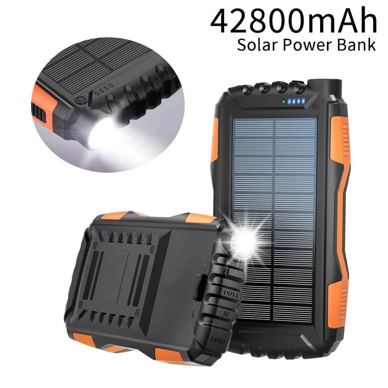 Solar Power Bank 42800mAh Caricatore portatile esterno Powerbank Batteria esterna con luce da campeggio a LED per iPhone Xiaomi 14