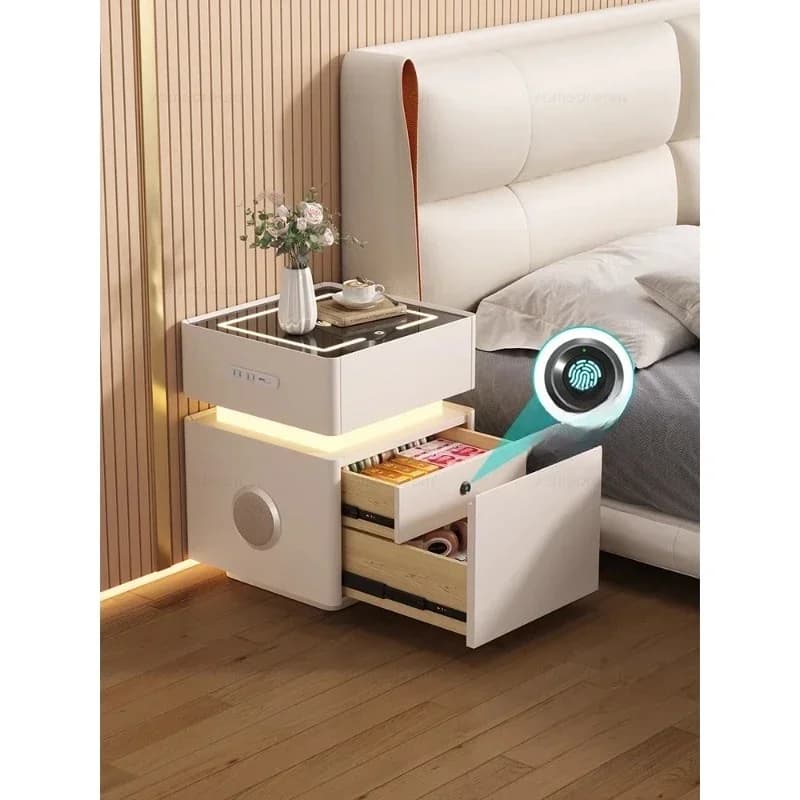 Comodino intelligente con serratura a combinazione in legno massello, semplice e moderno, piccolo, multifunzionale, con spazio di archiviazione, stereo per camera da letto