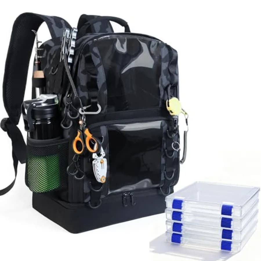 Zaino da Pesca con 4 Scatole Porta Attrezzi, Borsa Grande da 45L con 2 Portacanne e Finestra Trasparente, Zaino da Pesca per Esterni