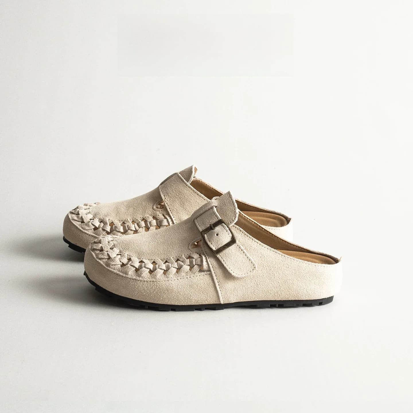 Real Leather Woven Thick Bottom Women's Slip-On Casual Breathable Mule Shoe Half Slippers Fashionable round Toe