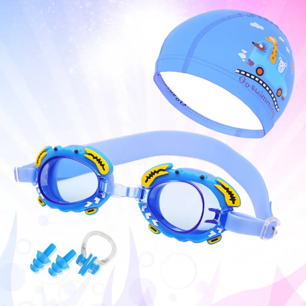 Set di Occhialini da Nuoto con Cuffia e Tappi per le Orecchie, Occhiali in Silicone Antiappannamento e Impermeabili per il Blu
