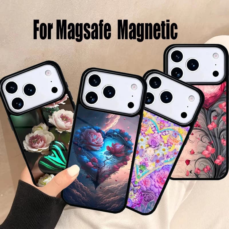 Custodia per telefono con cuore floreale dipinto per iPhone 17 Air 16e 15 14 13 12 11 Pro Max Plus, Cover magnetica wireless Magsafe