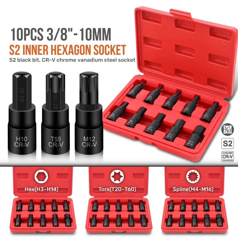 Hi-Spec 10PC 3/8" Drive Socket Set H3-14/T20-60/M4-16 with Red Case, Professional Torx/Hex/Spline Tool Kit for Auto Maintenance