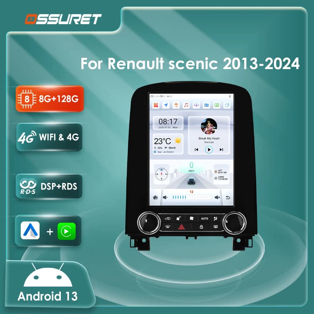 Autoradio Android 13 con schermo da 9.7 pollici, 360 Cam, Carplay, per Renault Scenic 2013-2024, lettore multimediale auto 4G 8Core, HeadUnit GPS Stereo
