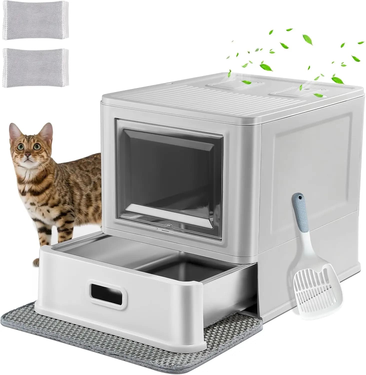 Lettiera per Gatti Chiusa in Acciaio Inossidabile con Coperchio, Design a Cassetto per Gatti da Interno, con Barriere Anti-Perdita, Include Paletta e Tappetino