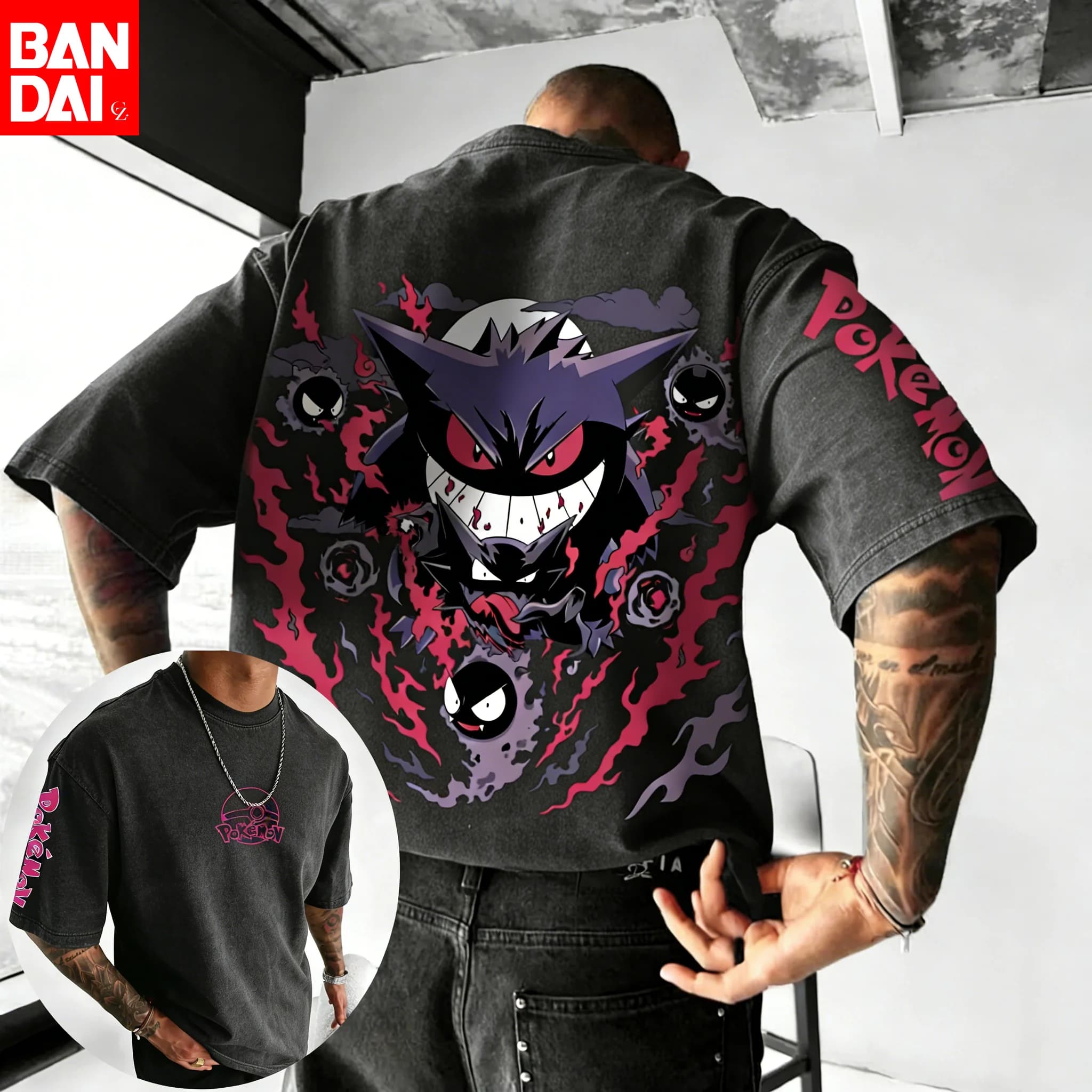 Maglietta Estiva Pokemon 2026 in Cotone per Uomo, Streetwear con Stampa Gengar e Mega Gengar Fusion, Oversize Casual per Uso Quotidiano, Regalo per Fan degli Anime