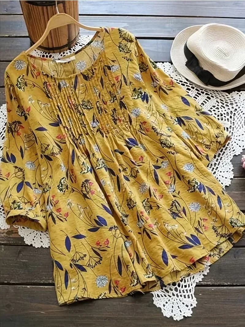 Women's Plus Size Shirt 1XL-5XL Fashion Printed Floral Sleeve 3/4 Women's Casual Shirt loose color retro blouse top