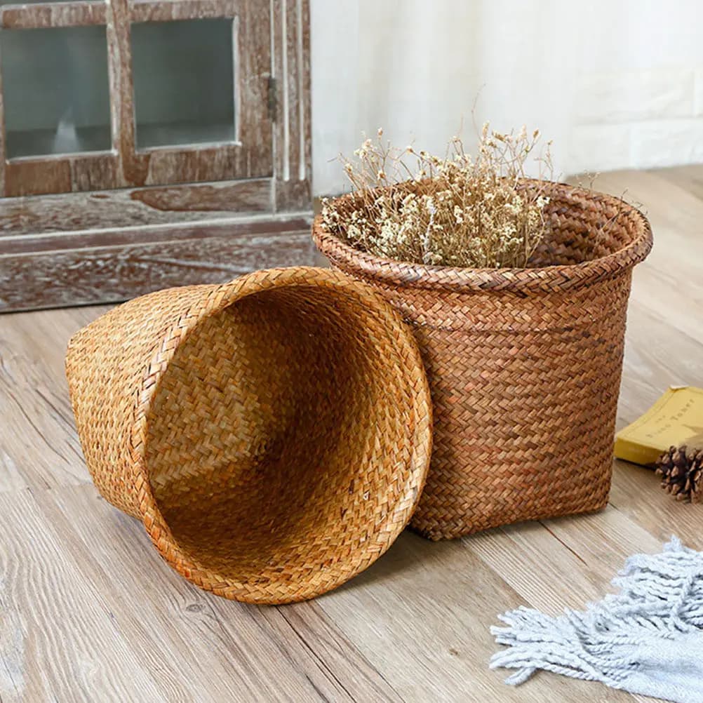 2 Pezzi Cestino Intrecciato Premium Leggero in Paglia Naturale per Camera da Letto, Soggiorno, Balcone, Ufficio - Multiuso