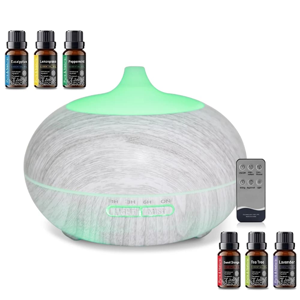 Diffusore di Oli Essenziali con Effetto Legno da 550ml, Luce LED e Telecomando per Casa, Ufficio, Yoga, Aromaterapia, Umidificatore con 7 Colori Cangianti