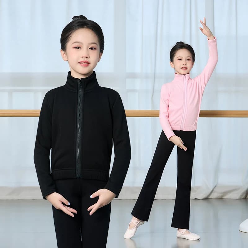 Top da balletto a maniche lunghe per ragazze Giacca da ballo interna in velluto rosa Cerniera termica Abbigliamento da ballo per bambini Cappotto da balletto dolcevita invernale