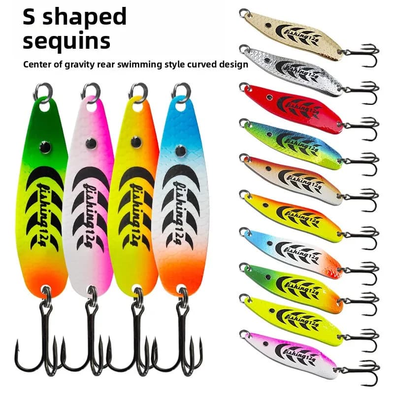 10PCS/Set 5g/8g/12g Colored S-shaped Glitter Metal Jig Spoon Spinner Fishing Lure Wobbler Bait Set with Fishing Tackle Box Kit