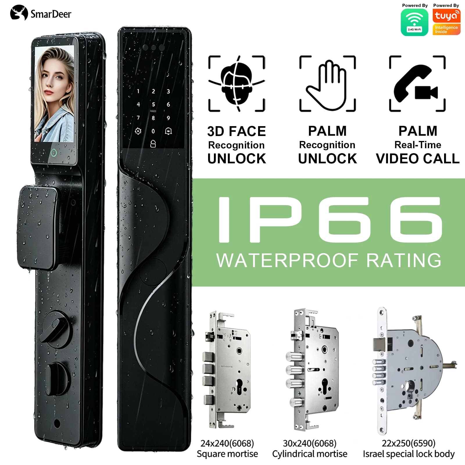 Serratura Intelligente Impermeabile IP66 SmarDeer, Riconoscimento Facciale e del Palmo, Serratura con Impronta Digitale, Allarme Video, Standard Israeliano