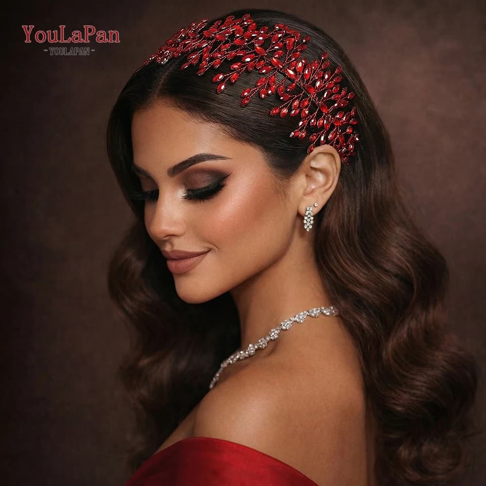 YouLaPan Cerchietto per Capelli da Donna Trendy Rosso con Strass, Accessorio per Capelli da Sposa, Cerchietto per Feste, Copricapo Fatto a Mano HP987