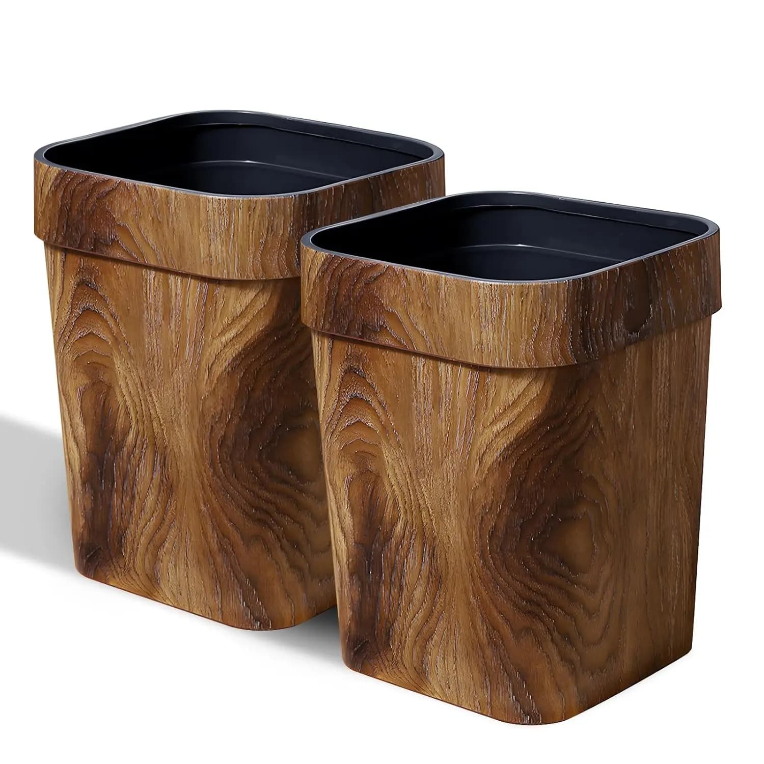 Wood Grain Plastic Trash Can Bedroom, Brown Trash Can for Room Aesthetic, Open Top Garbage Can for Office, Living Room, Hotel