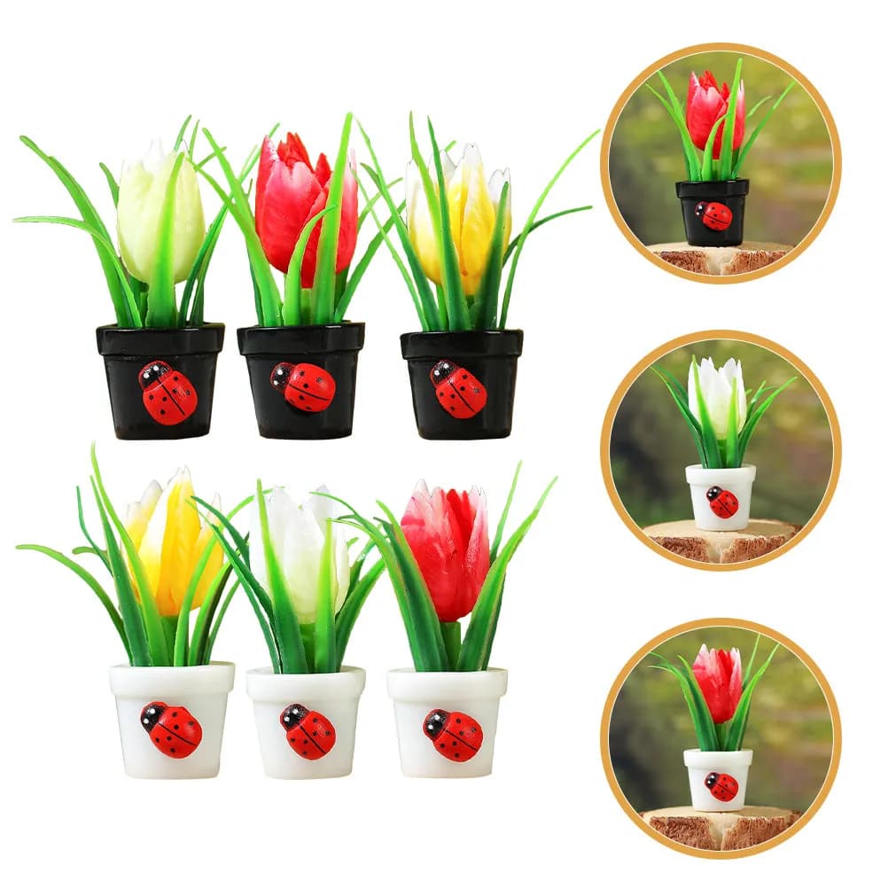 Set di 6 Miniature Realistiche di Tulipani in Vaso, Fiori Artificiali in Resina per Arredamento Casa, Ufficio, Scaffali, Casa delle Bambole, Piccoli Ornamenti