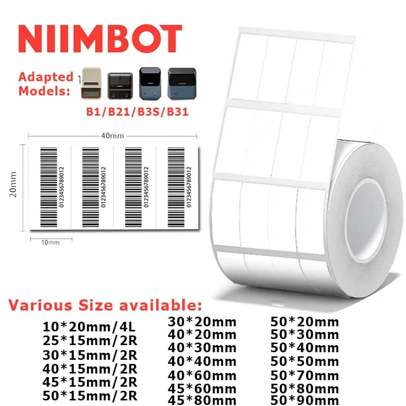Etichette Termiche Niimbot B21/B1/B31/B203/B3S da 20-50mm, Carta Adesiva per Etichette di Abbigliamento, Prezzi di Merci, Alimenti