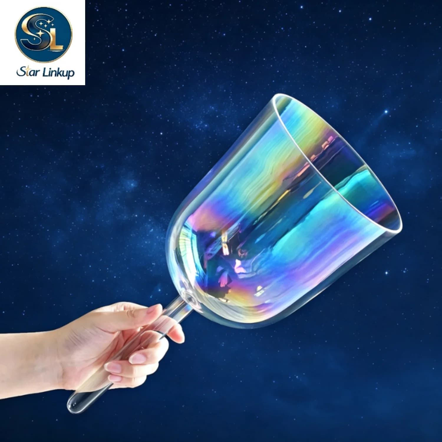 6 Inch Cosmic Light Clear Quartz Crystal Singing Bowl with Handle for Stress Relief Sound Healing and Meditation