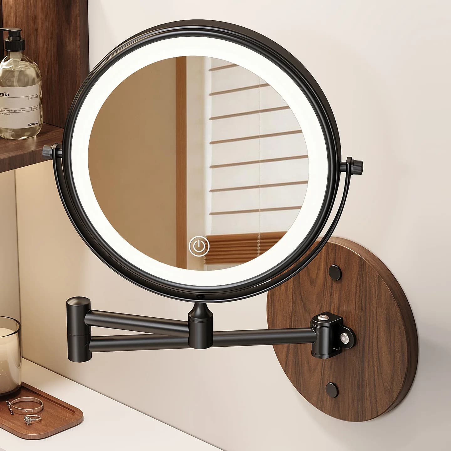 Bathroom Walnut Makeup Mirror Wall Mount No Drill Hotel Bathroom Folding Double Sided Lighted Beauty Mirror