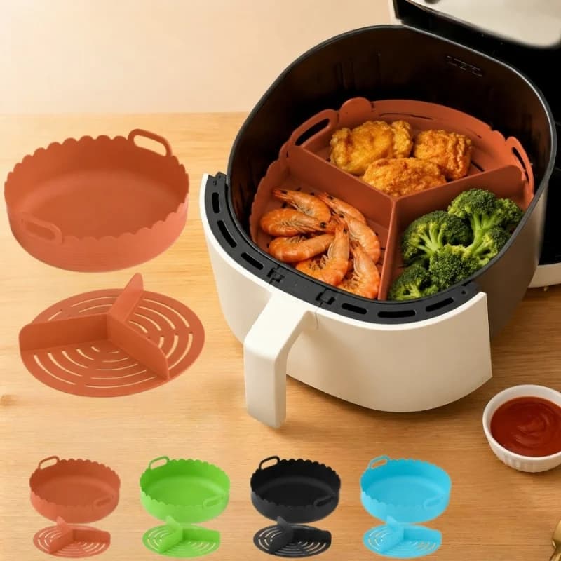 Set di 1 rivestimento riutilizzabile in silicone rotondo per friggitrice ad aria con divisorio, 8,11 pollici, antiaderente per forno, con 3 scomparti
