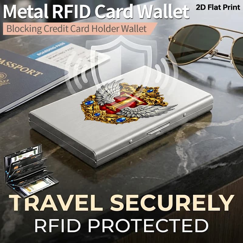 RFID Blocking Metal Card Holder Slim Pop Up Wallet for Men Women Luxury Golden Winged Shield Crest Pattern Minimalist Thin Credi