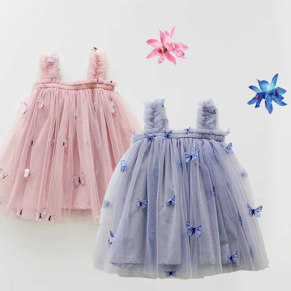Abito da bambina in tulle con applicazioni a farfalla, matrimonio estivo, costume da ragazza di fiori, neonata, abito rosa, set da principessa con imbracatura soffice di lusso