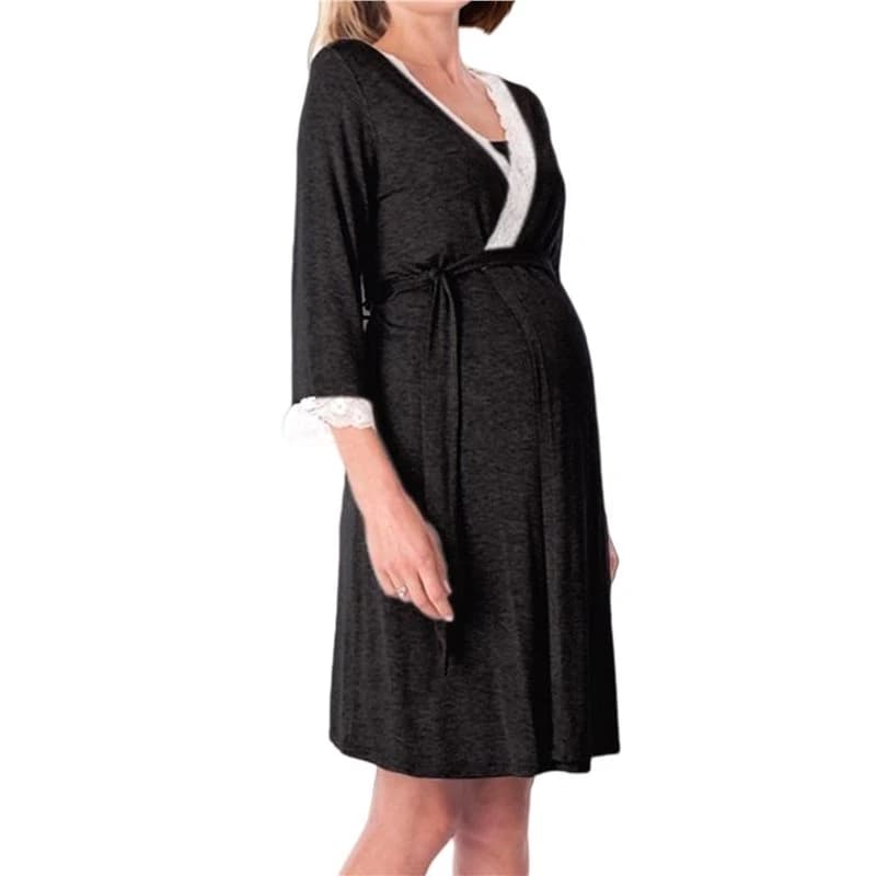 Women's Maternity Robe Pregnancy Breastfeeding Bathrobes Labor Delivery Nightgowns Black S