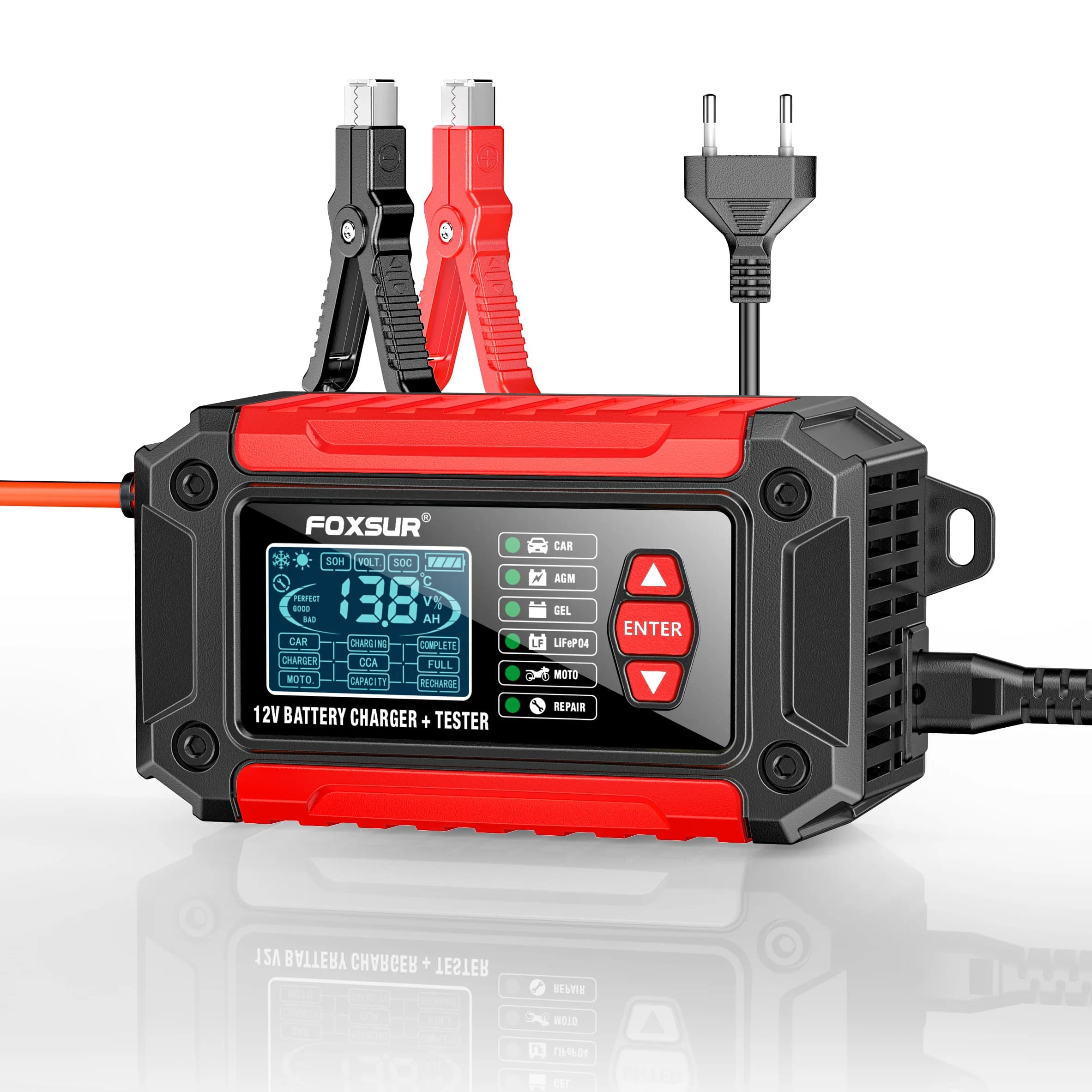 FOXSUR Car Charger 12V 6A FTC-1206 Moto Truck AGM LiFePO4 Lead Batteries Maintenance Digital LCD Display