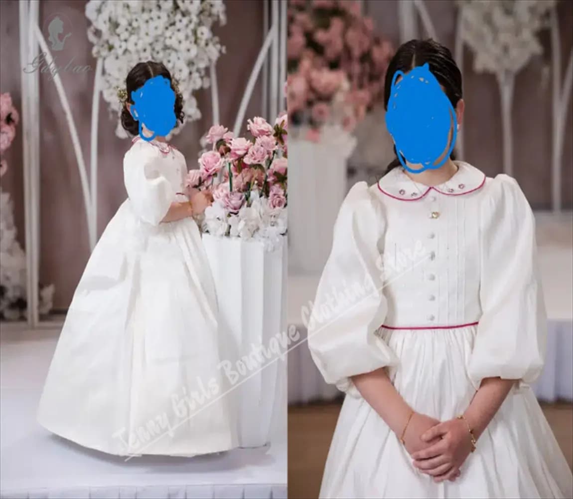 Elegante abito da ragazza di fiore bianco da sposa in raso con maniche a sbuffo, abito da compleanno per bambini, fotografia per feste personalizzata