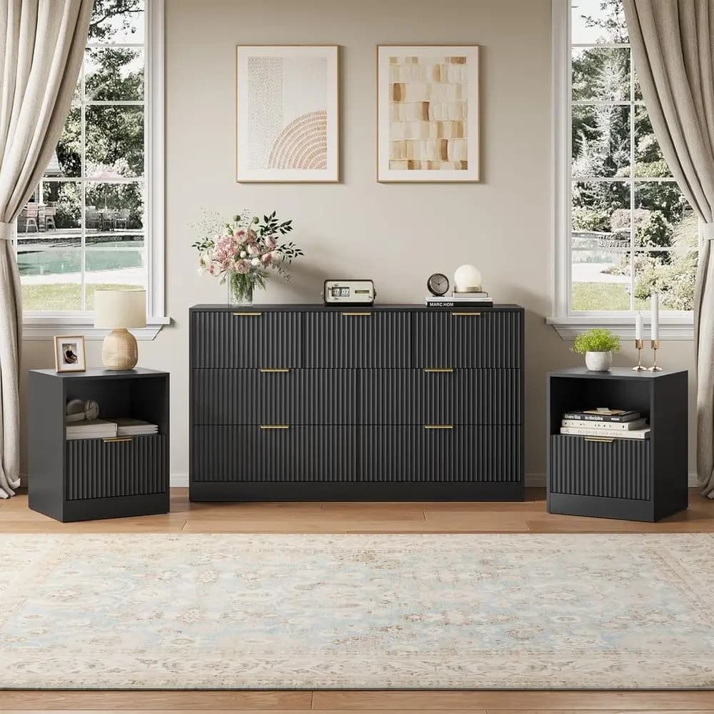 3-Piece Black Dresser & Nightstand Set, 7-Drawer Dresser with Metal Handles, Wooden Chest for Bedroom Storage