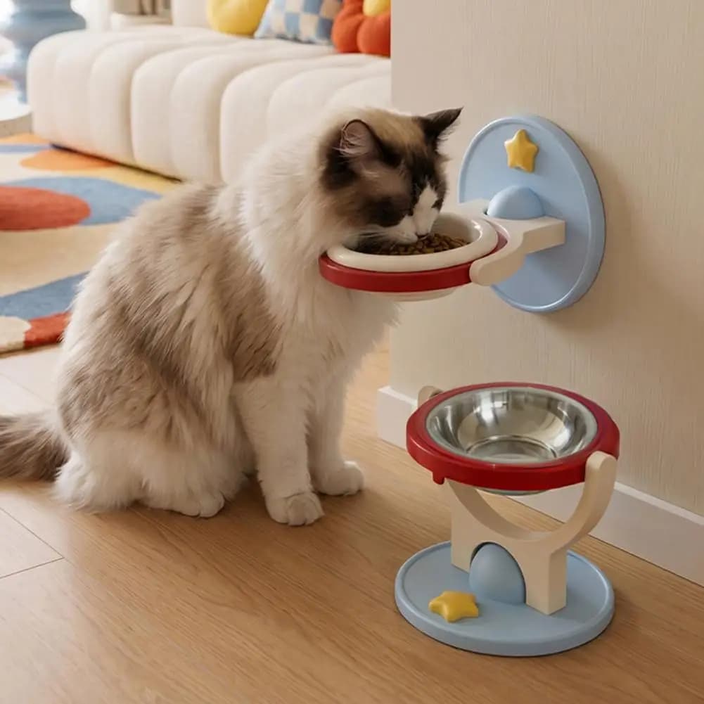 2-in-1 Wall Mounted Cat Bowl Elevated Cat Food Bowl Anti-Tipping Foldable Pet Feeder Shelf Floating Food Bowl for Indoor Cats