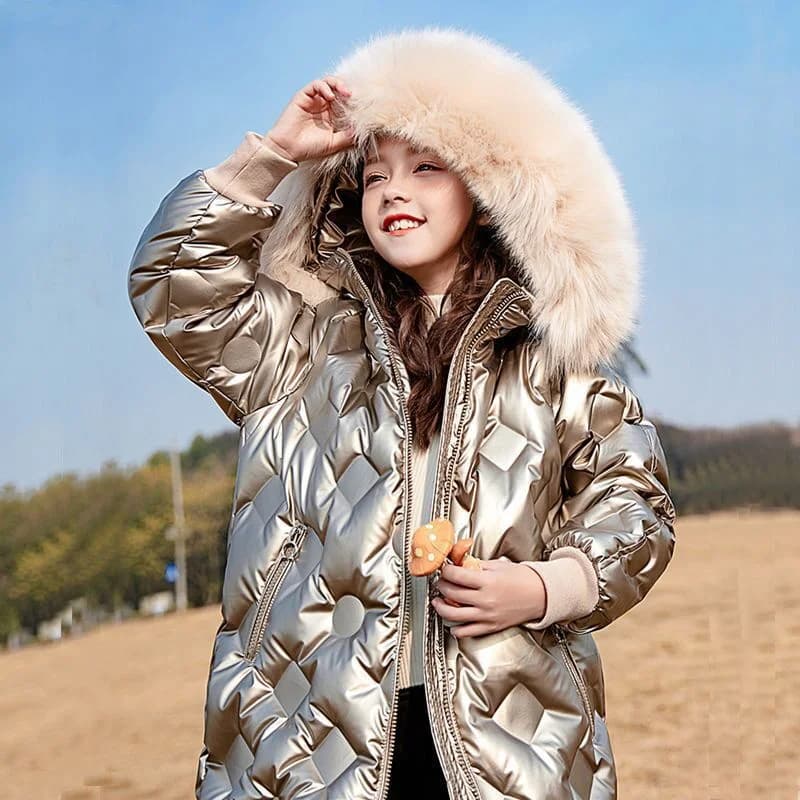 Ragazze giacche con collo di pelliccia lucida bambini addensare capispalla tinta unita tendenze per bambini cappotti con cappuccio inverno caldo moda parka