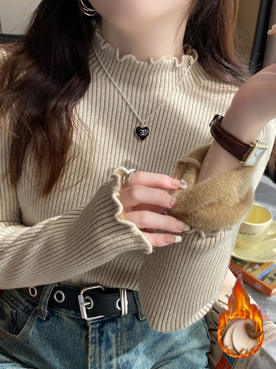 Maglione coreano semplice con volant Maglione dolcevita lavorato a maglia autunno inverno Dolcevita da donna Pullover base calda ispessita elastica