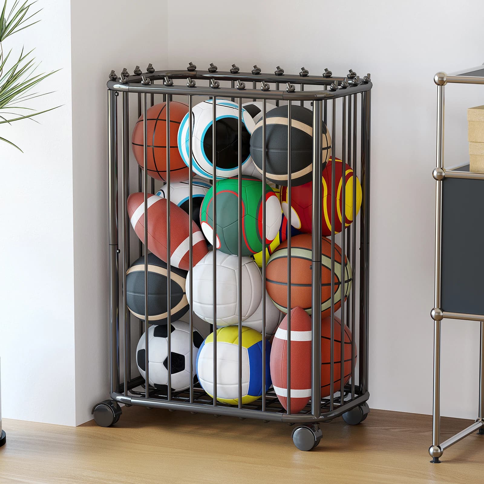 Basketball, Football, Tennis Racket Storage Basket with Wheels, Large-Capacity Sports Equipment Organizer, Yoga Mat Storage Rack Rolling Floor Sports Equipment Organizer