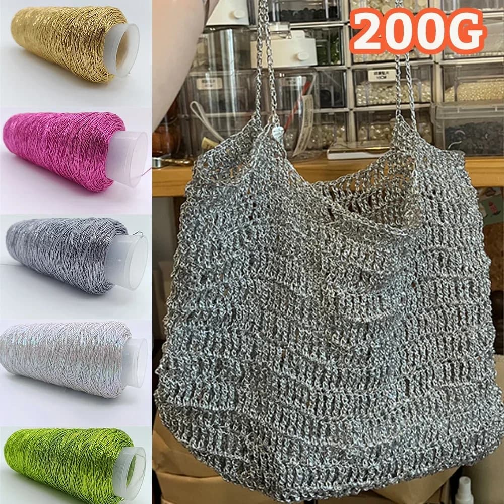 Nuovo argento fatto a mano filato tessuto piccola borsa d'argento tessuto Flash Core filo popolare stesso stile uncinetto ago 200g 1 palla filato