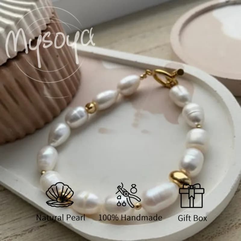 MYSOYA Bracciale con perle d'acqua dolce a forma di riso bianco 8-9 mm con confezione regalo per lei/lui Compleanno/Boda/Natale/Capodanno Regali