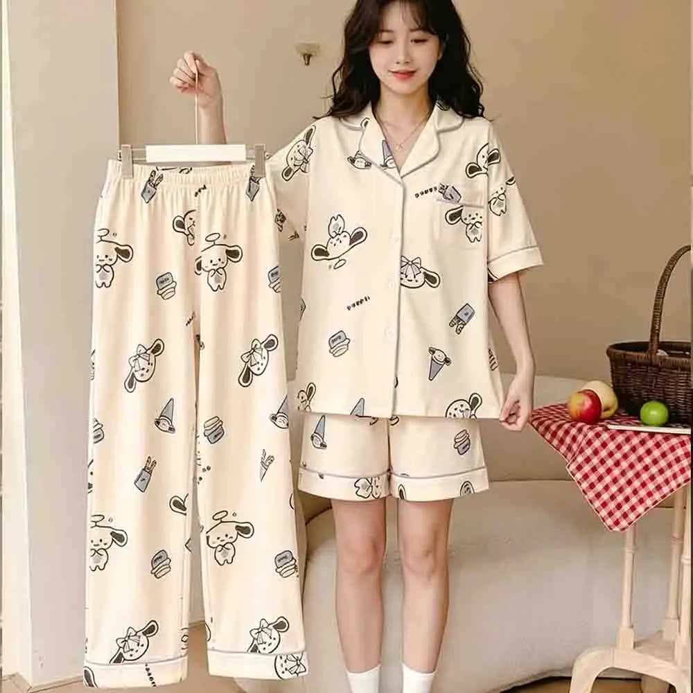 Sanrio Summer Sleepwear 3-Piece Set Anime Cartoon Pants Shorts Short Sleeves Home Clothes Spring Kawaii Sleepwear Women's Gift