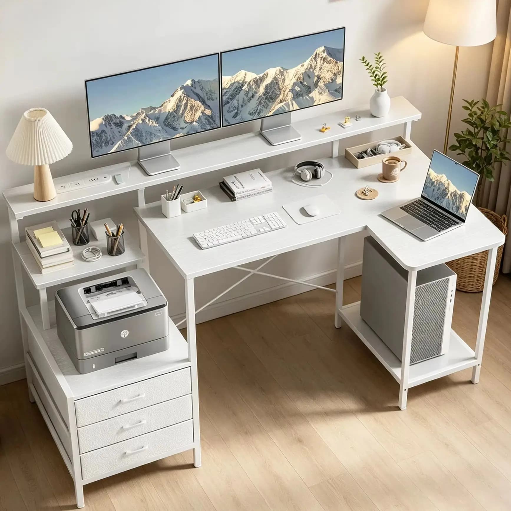 Ergonomic computer desk with monitor stand, RGB LED gaming desk, featuring a built-in charging station, power outlets, and USB ports, complete with storage drawers and a fold-out side table; ideal for home offices and gaming workstations; available in mul