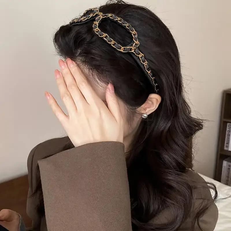 Fascia per capelli in pelle con catena e forma di occhiali da sole, stile vintage unico, per donna, per feste e uso quotidiano