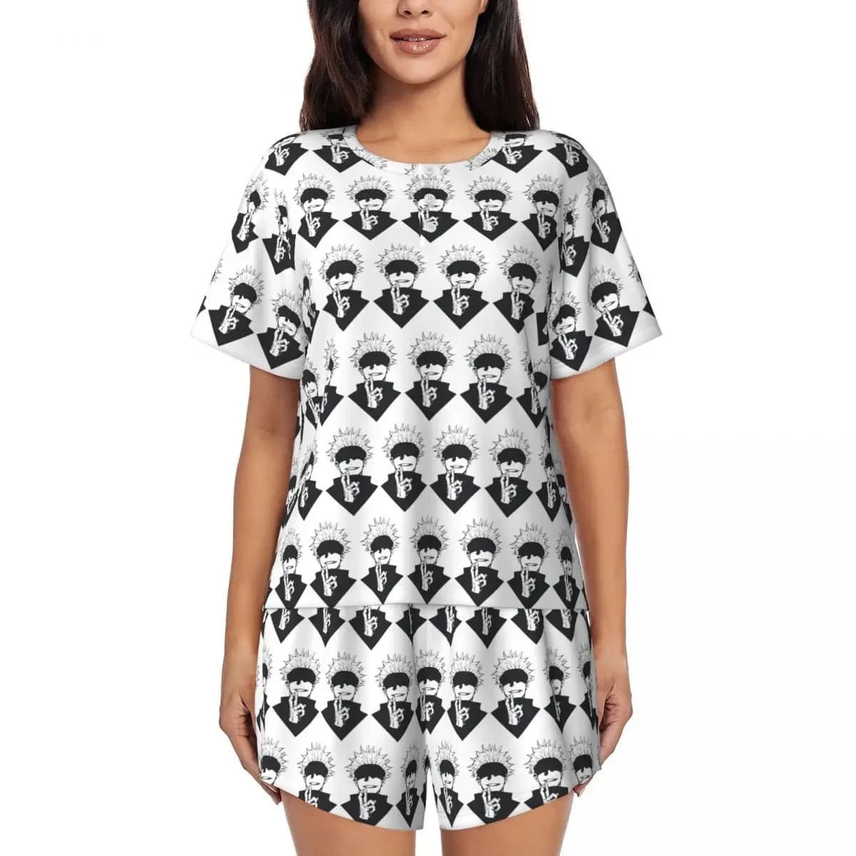Gojo Manga Kawaii Japanese Anime Round Neck Short Sleeve Nightgowns for Sleeping Sleepshirts Women Soft Pajama Set Short Pants