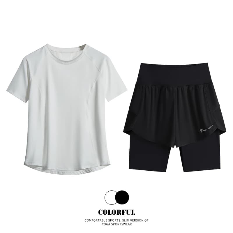 DRUR Women's Gym Fitness 2pc Yoga Set Mesh Back T-Shirt Ruffled Shorts Hidden Pocket Breathable Gym Running Pilates Sportswear
