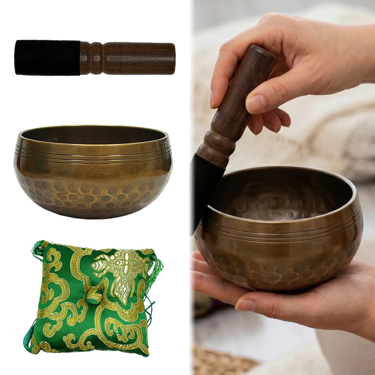 Miwayer 9cm Tibetan Singing Bowl Set – Bronze Copper Alloy, 233g, with 10cm Cushion & 12.5cm Mallet, for Meditation / Yoga