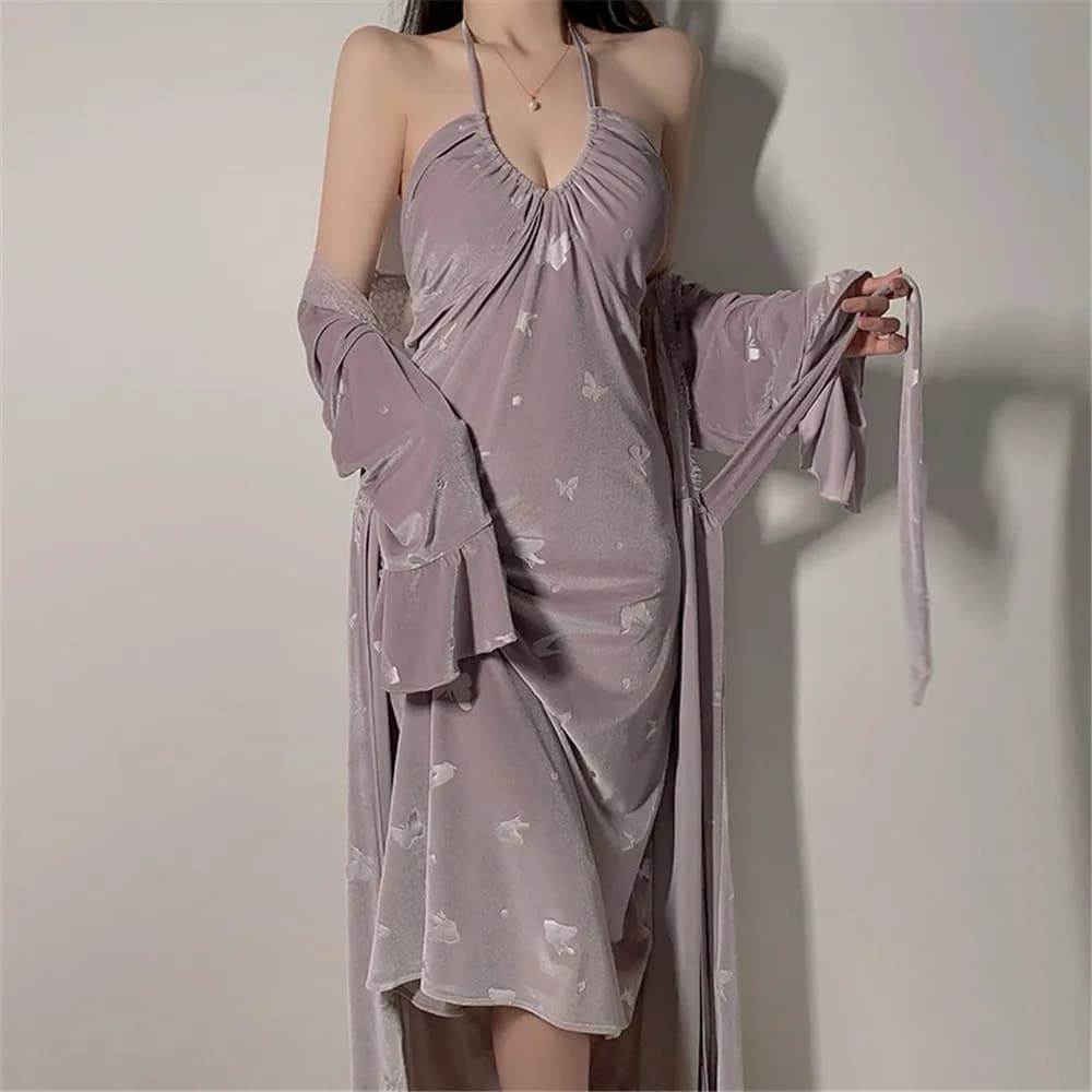 Autumn Winter Velvet Twinset Robe Set Women's Nightwear Sexy Back Digging Off Long Kimono Bathrobe Night Shirt Velvet House Dress