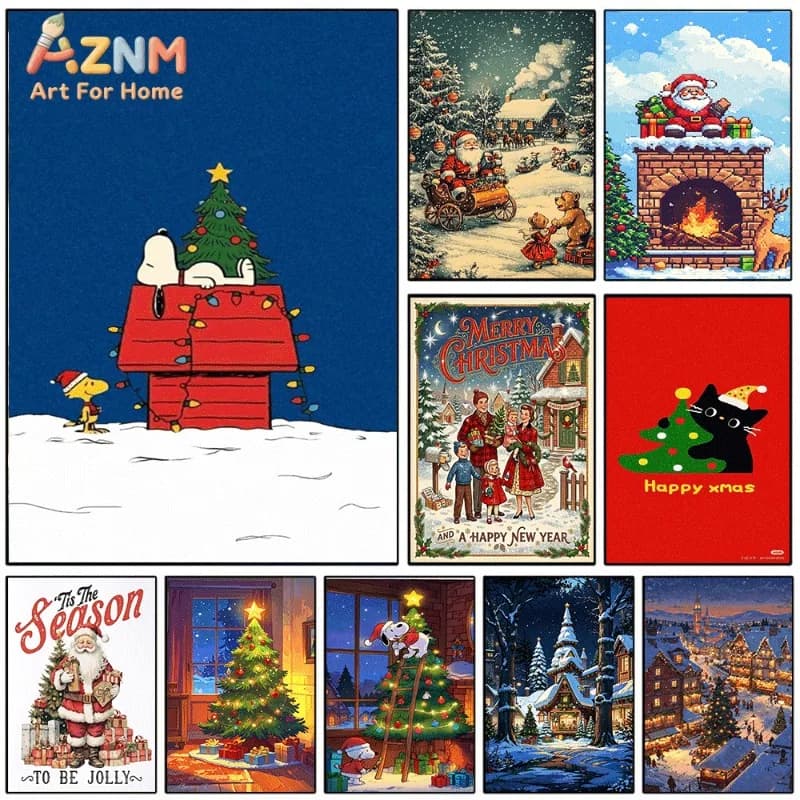Christmas Winter Holiday Collage Canvas Wall Art Xmas Santa Snow Scene Poster For Bedroom Living Room Home Background Decoration