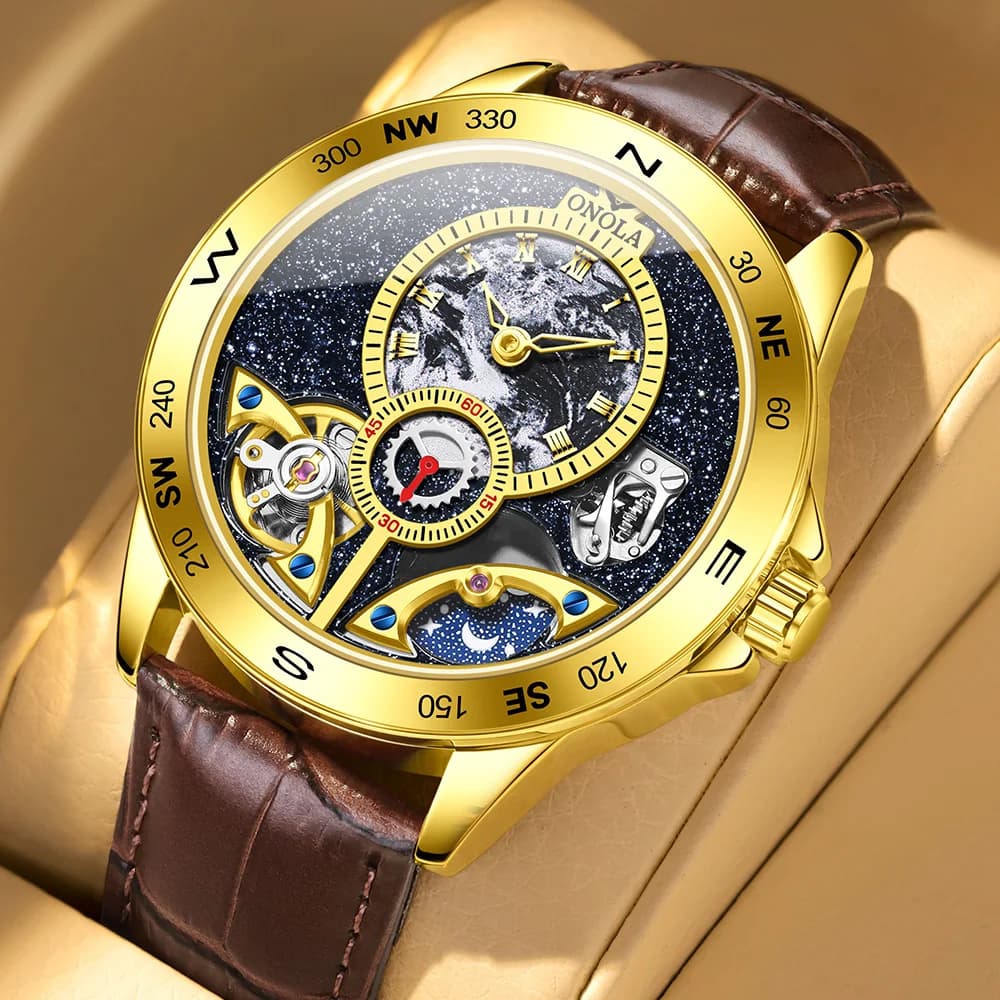 ONOLA nuovi uomini di lusso orologio da lavoro in pelle cielo stellato quadrante impermeabile originale da uomo orologio meccanico automatico orologio da uomo
