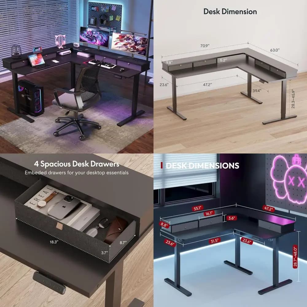 Scrivania a L da 71 pollici con 4 ripiani, scrivania regolabile in altezza, scrivania da gaming con supporto per monitor, nera con piano nero